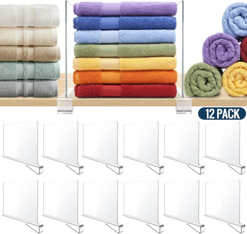 BAUMFEUER 12 Pack Clear Acrylic Shelf Dividers for Closet Shelf Organizer of Bedroom Kitchen Office Bathroom Organizer for Clothes Books Hats and Handbags - Image 1